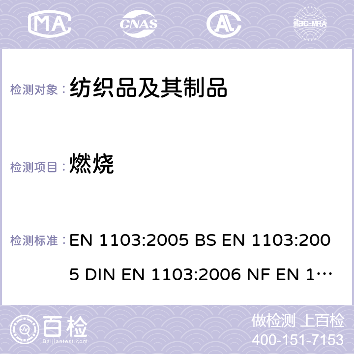 燃烧 纺织品 服装织物 燃烧性能测定的详细程序 EN 1103:2005 BS EN 1103:2005 DIN EN 1103:2006 NF EN 1103:2006