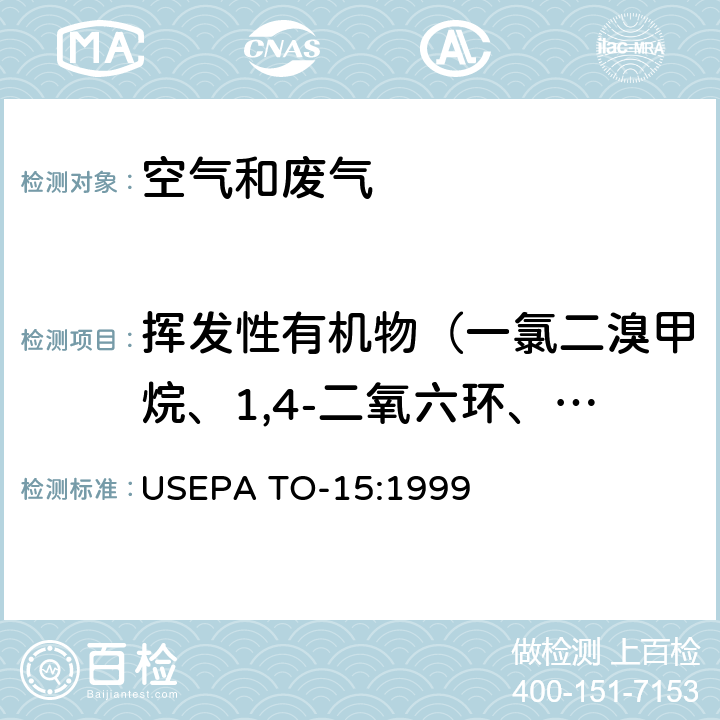 揮發性有機物（一氯二溴甲烷、1,4-二氧六環、1-乙基-4-甲基苯、乙酸乙酯、反-1,2-二氯乙烯、正庚烷、正己烷、異辛烷、異丙醇、甲基乙基酮、甲基異丁基酮、甲基正丁基酮、丙烯、叔丁基甲基醚、四氫呋喃、三溴甲烷、乙酸乙烯酯、溴乙烯）總計64種 空氣和廢氣 揮發性有機物的測定 蘇碼罐采集 氣相色譜質譜法 USEPA TO-15:1999