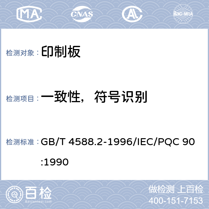 一致性，符号识别 有金属化孔单双面印制板 分规范 GB/T 4588.2-1996/IEC/PQC 90:1990 5