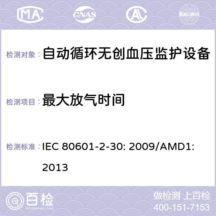 最大放气时间 医用电气设备 第2-30部分：自动循环无创血压监护设备的安全和基本性能专用要求 IEC 80601-2-30: 2009/AMD1: 2013 201.104