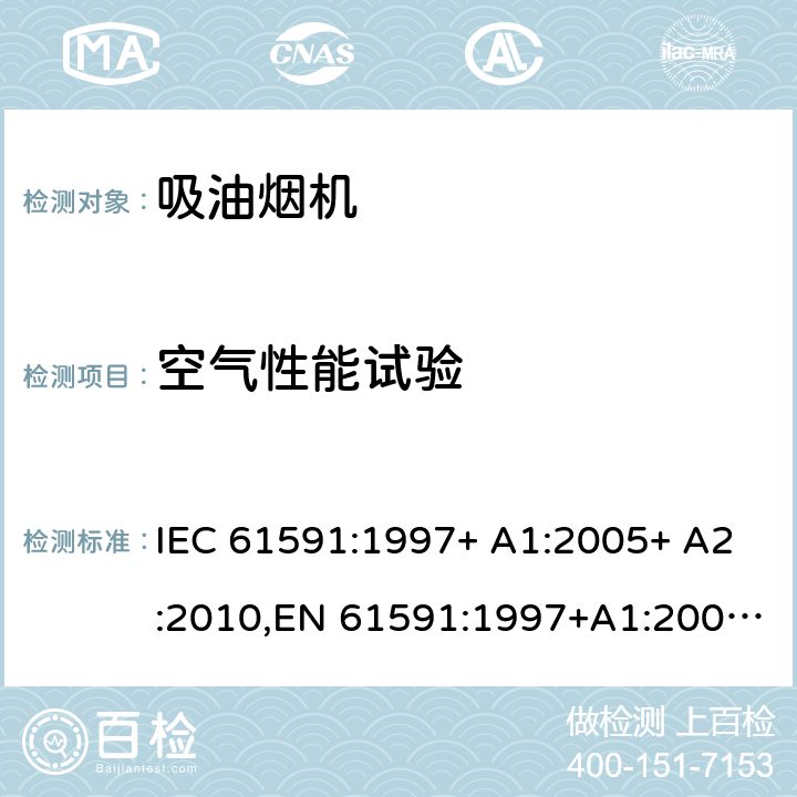 空气性能试验 吸油烟机性能试验方法 IEC 61591:1997+ A1:2005+ A2:2010,EN 61591:1997+A1:2006+A2:2011 +A11:2014+A12:2015,IEC 61591:2019,EN 61591:2020+A11:2020 Cl.11