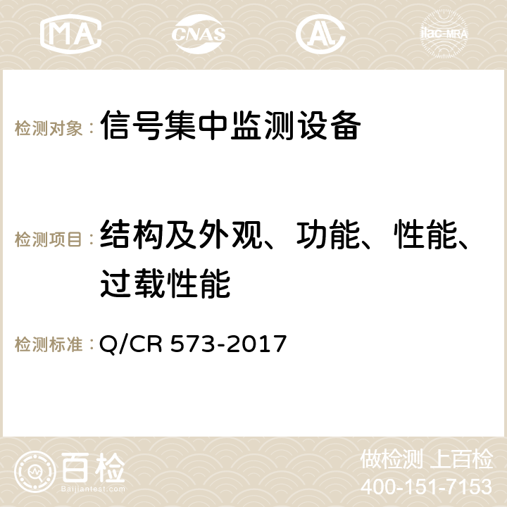 結構及外觀、功能、性能、過載性能 鐵路信號集中監測設備 Q/CR 573-2017 6.1,6.2,6.3,6.7