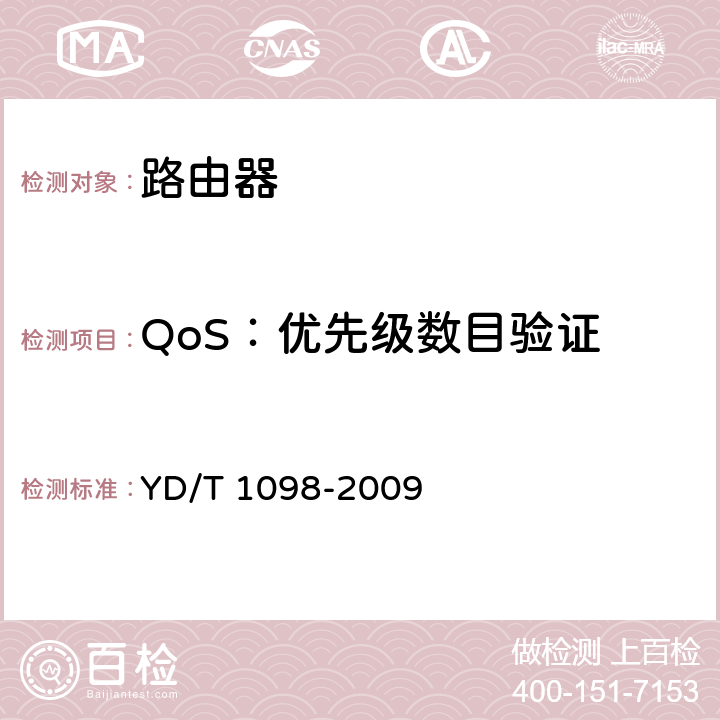QoS：优先级数目验证 路由器设备测试方法 边缘路由器 YD/T 1098-2009 17.2.2