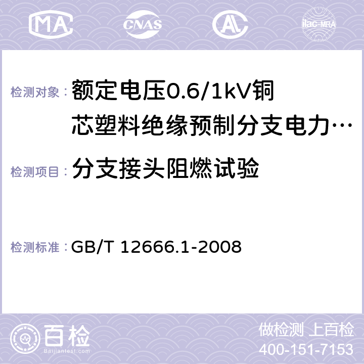 分支接头阻燃试验 单根电线电缆燃烧试验方法 第1部分：垂直燃烧试验 GB/T 12666.1-2008