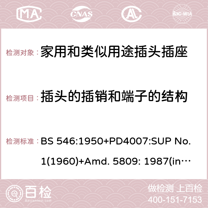 插头的插销和端子的结构 两极和两极带接地插座和转换器 BS 546:1950+PD4007:SUP No. 1(1960)+Amd. 5809: 1987(include sup. No. 2: 1987) +Amd. 8914: 1999 16