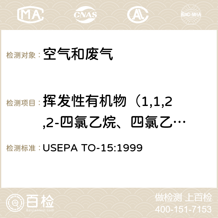 揮發(fā)性有機(jī)物（1,1,2,2-四氯乙烷、四氯乙烯、甲苯、反-1,3-二氯丙烯、三氯乙烷、1,1,2-三氯乙烷、三氯乙烯、1,2,4-三氯苯、1,2,4-三甲苯、1,3,5-三甲苯、氯乙烯、間二甲苯、鄰二甲苯、對二甲苯、丙酮、一溴二氯甲烷、1,3-丁二烯、二硫化碳、氯甲基苯、3-氯-1-丙烯、環(huán)己烷、） 空氣和廢氣 揮發(fā)性有機(jī)物的測定 蘇碼罐采集 氣相色譜質(zhì)譜法 USEPA TO-15:1999