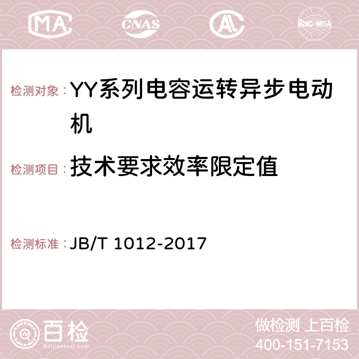 技術要求效率限定值 YY系列電容運轉異步電動機 技術條件 JB/T 1012-2017 cl.4.4