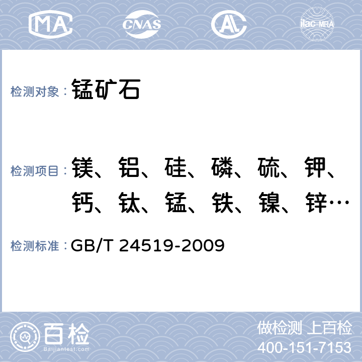 镁、铝、硅、磷、硫、钾、钙、钛、锰、铁、镍、锌、钡、铅 锰矿石　镁、铝、硅、磷、硫、钾、钙、钛、锰、铁、镍、铜、锌、钡和铅含量的测定　波长色散X射线荧光光谱法 GB/T 24519-2009