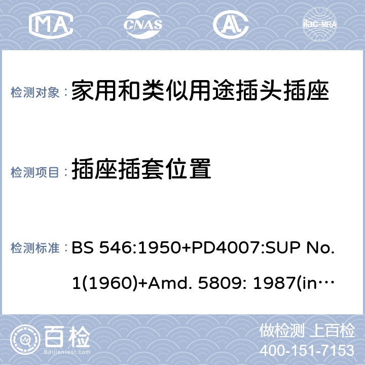 插座插套位置 两极和两极带接地插座和转换器 BS 546:1950+PD4007:SUP No. 1(1960)+Amd. 5809: 1987(include sup. No. 2: 1987) +Amd. 8914: 1999 4