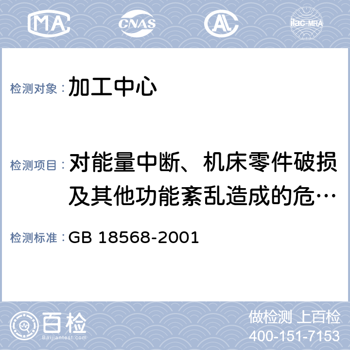 对能量中断、机床零件破损及其他功能紊乱造成的危险的安全要求和措施及评定 加工中心 安全防护技术条件 GB 18568-2001 4.9