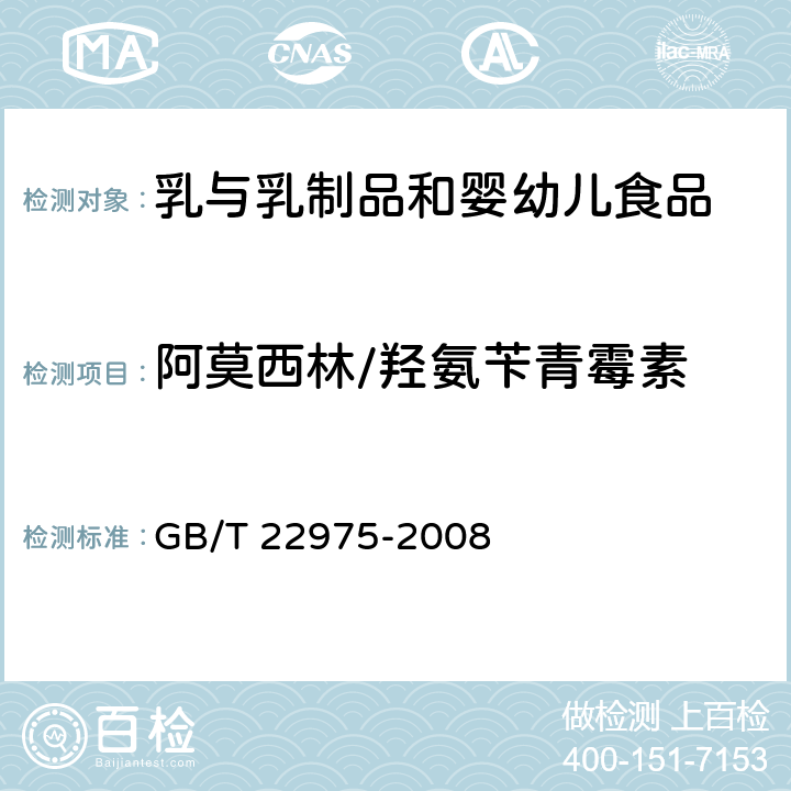 阿莫西林/羟氨苄青霉素 牛奶和奶粉中阿莫西林、氨苄西林、哌拉西林、青霉素G、青霉素V、苯唑西林、氯唑西林、萘夫西林和双氯西林残留量的测定 液相色谱-串联质谱法 GB/T 22975-2008