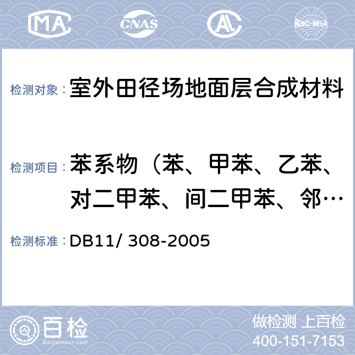 苯系物（苯、甲苯、乙苯、对二甲苯、间二甲苯、邻二甲苯、苯乙烯） 《室外田径场地面层合成材料技术要求和检验方法》 DB11/ 308-2005 附录B