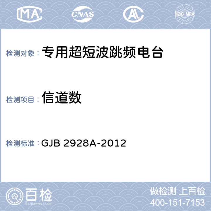 信道数 战术超短波跳频电台通用规范 GJB 2928A-2012 4.7.3.1
