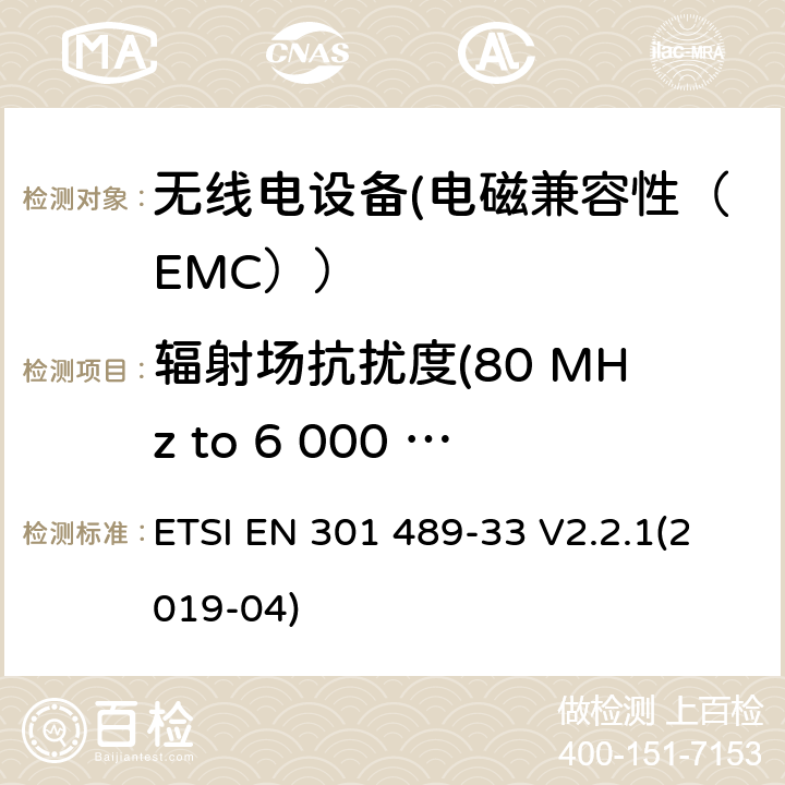 辐射场抗扰度(80 MHz to 6 000 MHz) 电磁兼容性（EMC）无线电设备和服务标准；33部分：超宽带（UWB）设备的具体情况；协调标准覆盖了3.1条基本要求（B）指令2014/53 / EU ETSI EN 301 489-33 V2.2.1(2019-04) 7.2