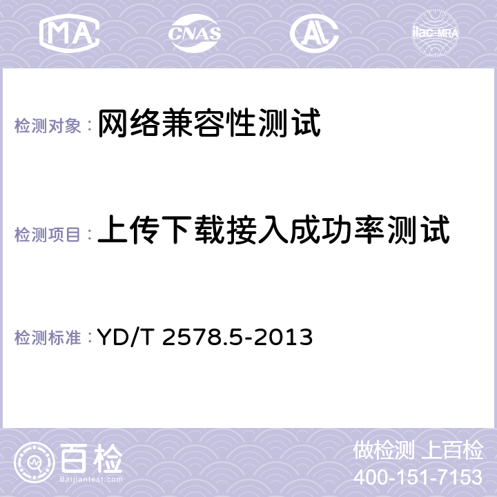 上传下载接入成功率测试 LTE FDD数字蜂窝移动通信网 终端设备测试方法(第一阶段) 第5部分:网络兼容性测试 YD/T 2578.5-2013 11.2.3