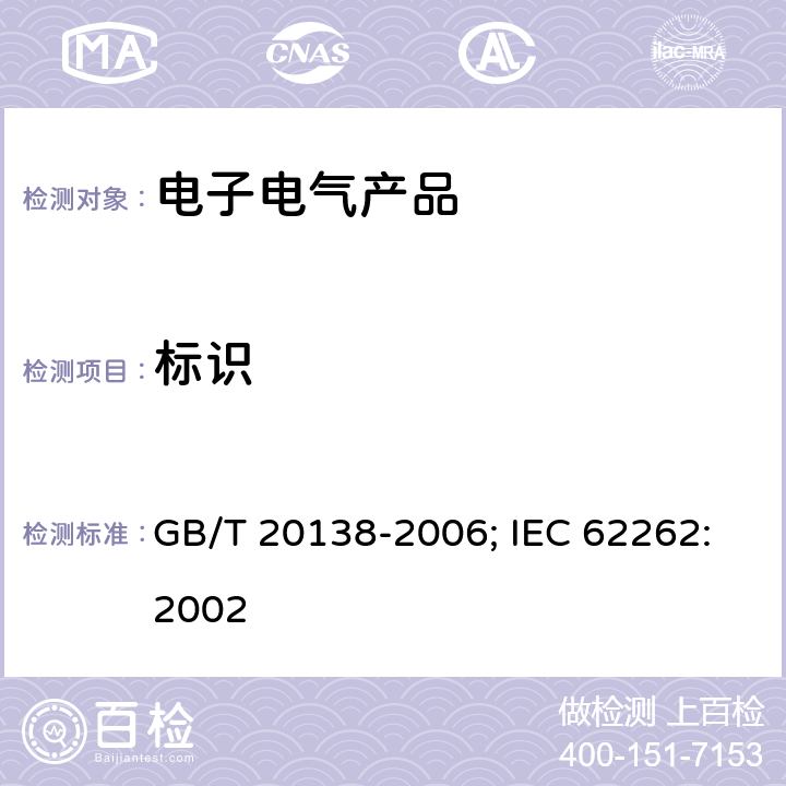 标识 电器设备外壳对外界机械碰撞的防护等级（IK代码） GB/T 20138-2006; IEC 62262:2002 4