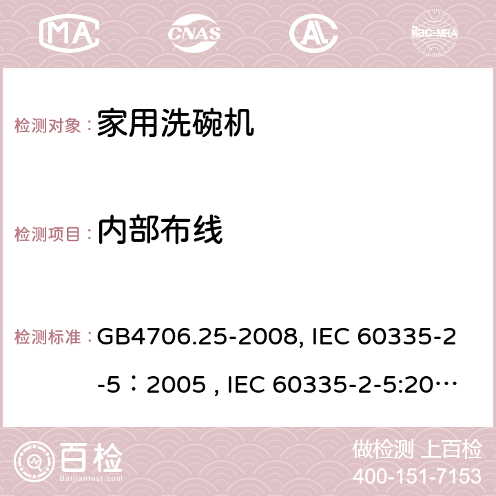 内部布线 家用和类似用途电器的安全 洗碗机的特殊要求 GB4706.25-2008, IEC 60335-2-5：2005 , IEC 60335-2-5:2002+A1:2005+A2:2008, IEC 60335-2-5:2012+A1:2018, EN 60335-2-5:2015+A11:2019 23