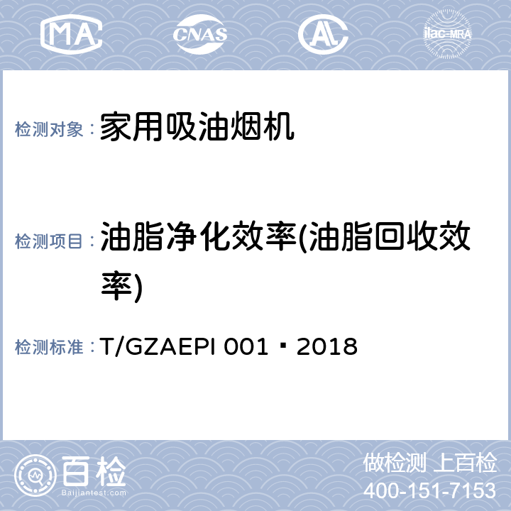 油脂净化效率(油脂回收效率) 环保型家用吸油烟机 T/GZAEPI 001—2018 Cl.5.15(Cl.5.15.2),Cl.6.15