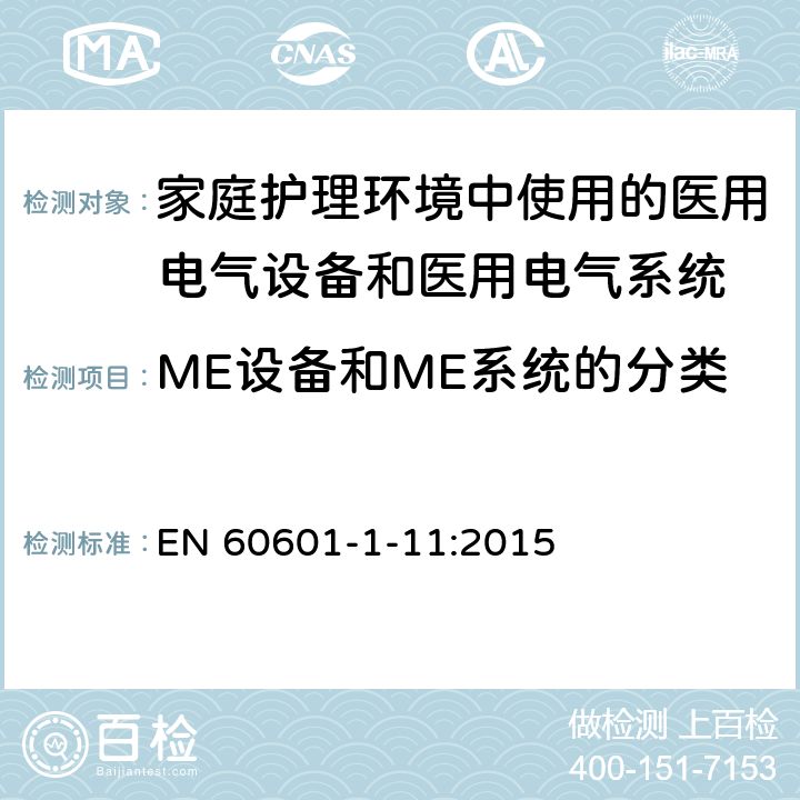ME設備和ME系統的分類 醫用電氣設備 第1-11部分：基本安全和基本性能通用要求-并列標準：在家庭護理環境中使用的醫用電氣設備和醫用電氣系統的要求 EN 60601-1-11:2015 Cl.6