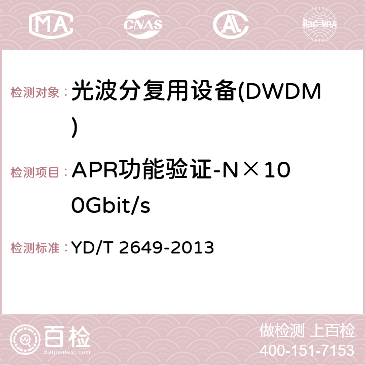 APR功能验证-N×100Gbit/s YD/T 2649-2013 N×100Gbit/s光波分复用(WDM)系统测试方法