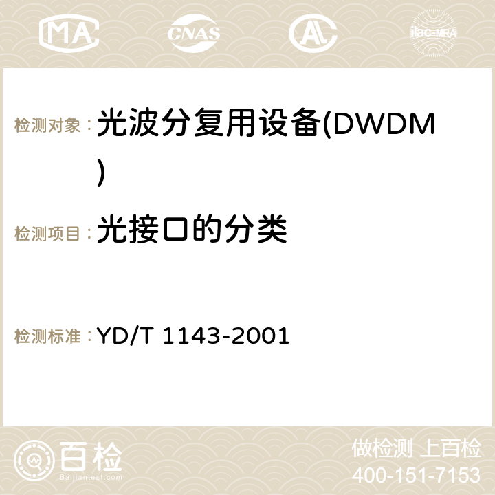 光接口的分类 YD/T 1143-2001 光波分复用系统(WDM)技术要求-16×10Gb/s、32×10Gb/s部分