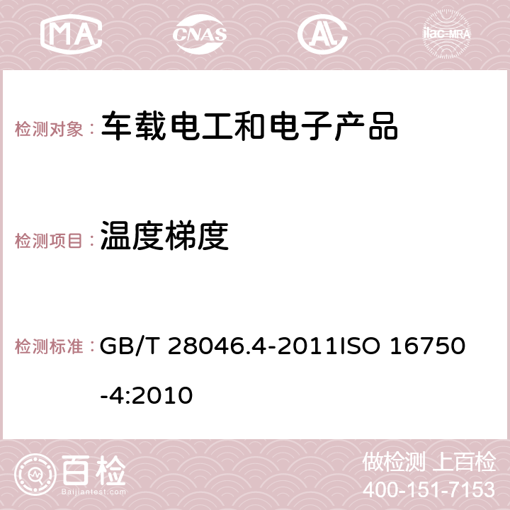 温度梯度 道路车辆-电气和电子装备的环境条件和试验-第4部分：气候负荷 GB/T 28046.4-2011
ISO 16750-4:2010 5.2