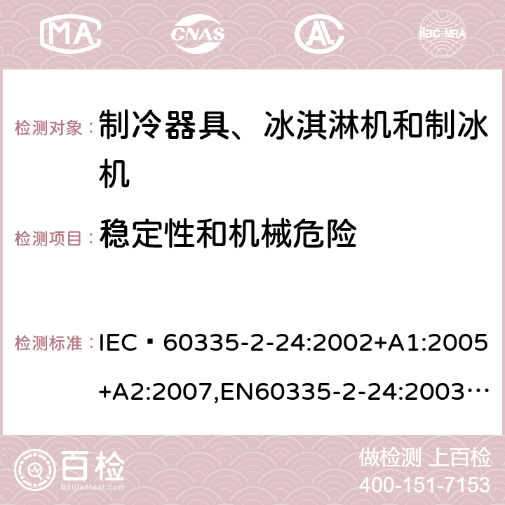 稳定性和机械危险 家用和类似用途电器的安全 制冷器具、冰淇淋机和制冰机的特殊要求 IEC 60335-2-24:2002+A1:2005+A2:2007,EN60335-2-24:2003+A1:2005+A2:2007 20