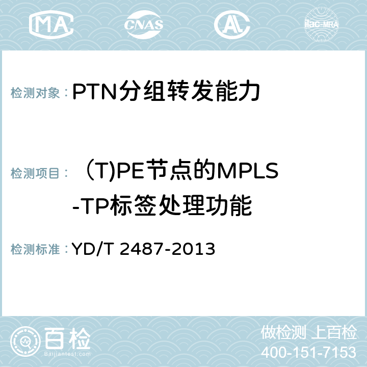 （T)PE节点的MPLS-TP标签处理功能 分组传送网（PTN）设备测试方法 YD/T 2487-2013 6.1