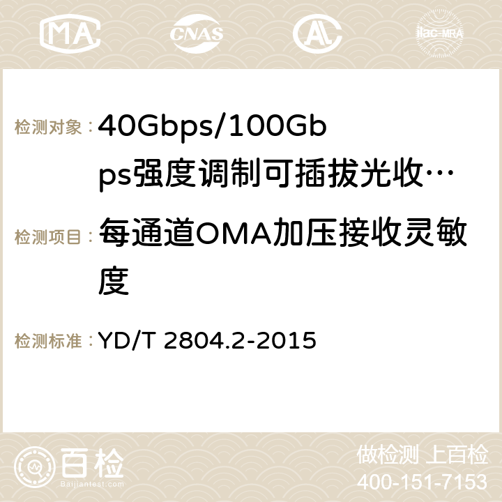 每通道OMA加压接收灵敏度 40Gbps/100Gbps强度调制可插拔光收发合一模块 第2部分：4×25Gbit/s YD/T 2804.2-2015 6.3.10