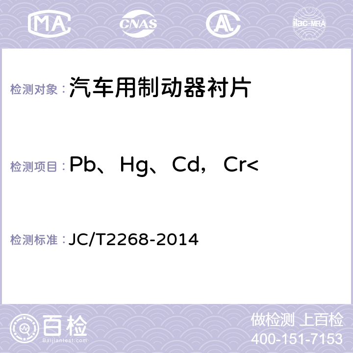 Pb、Hg、Cd，Cr<Sup>6+</Sup> 制动摩擦材料中铜及其他元素的测定方法 JC/T2268-2014