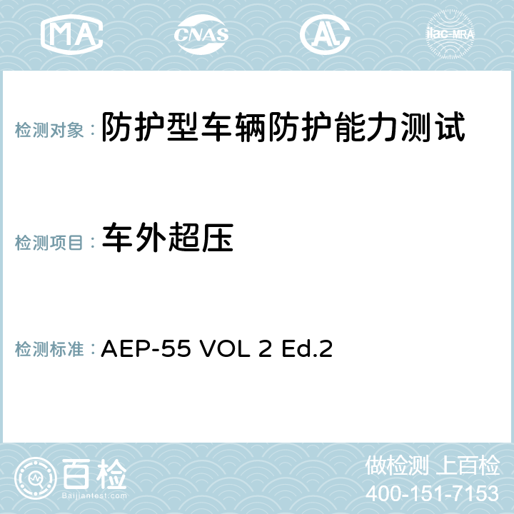 车外超压 Procedures For Evaluating The Protection Level Of Armoured Vehicles - Volume 2: Mine Threat AEP-55 VOL 2 Ed.2