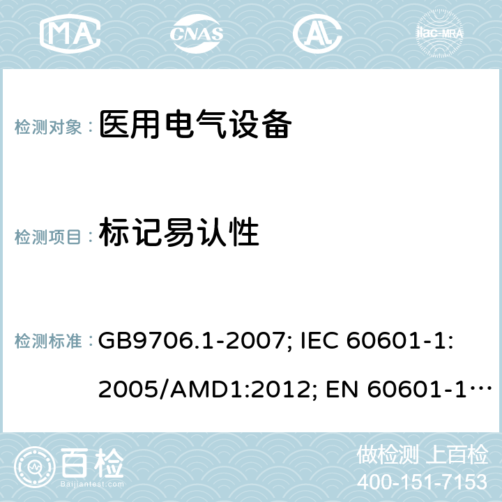 标记易认性 GB 9706.1-2007 医用电气设备 第一部分:安全通用要求