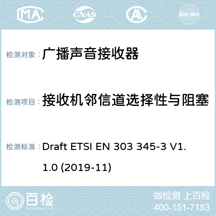 接收机邻信道选择性与阻塞 广播声音接收器； 第三部分：调频广播音响业务； 无线电频谱接入协调标准 Draft ETSI EN 303 345-3 V1.1.0 (2019-11)