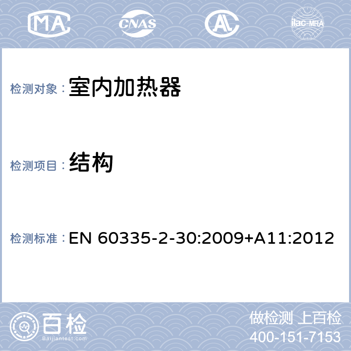 结构 家用和类似用途电器的安全　室内加热器的特殊要求 EN 60335-2-30:2009+A11:2012 22