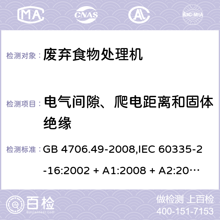 电气间隙、爬电距离和固体绝缘 家用和类似用途电器的安全 第2-16部分:废弃食物处理机的特殊要求 GB 4706.49-2008,IEC 60335-2-16:2002 + A1:2008 + A2:2011,AS/NZS 60335.2.16:2006
+ A1:2009,AS/NZS 60335.2.16:2012,EN 60335-2-16:2003 + A1:2008 + A2:2012+A11:2018 29