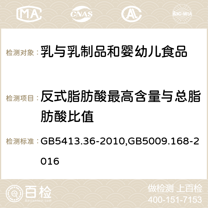 反式脂肪酸最高含量与总脂肪酸比值 食品安全国家标准婴幼儿食品和乳品中反式脂肪酸的测定 、食品安全国家标准食品中脂肪酸的测定 GB5413.36-2010,GB5009.168-2016