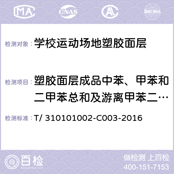 塑胶面层成品中苯、甲苯和二甲苯总和及游离甲苯二异氰酸酯(TDI) 《学校运动场地塑胶面层有害物质限量》 T/ 310101002-C003-2016 5.2.2