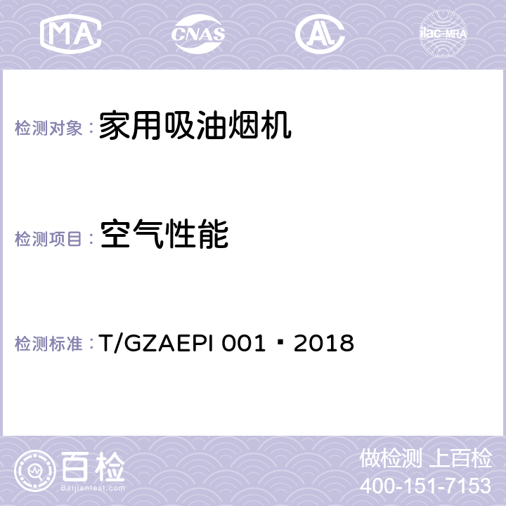空气性能 PI 001-2018 环保型家用吸油烟机 T/GZAEPI 001—2018 Cl.5.3,Cl.6.3