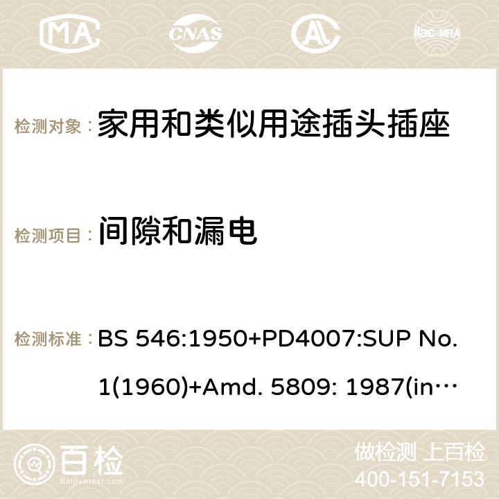 间隙和漏电 两极和两极带接地插座和转换器 BS 546:1950+PD4007:SUP No. 1(1960)+Amd. 5809: 1987(include sup. No. 2: 1987) +Amd. 8914: 1999 11