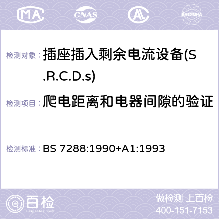 爬电距离和电器间隙的验证 插座插入剩余电流设备(S.R.C.D.S)规范 BS 7288:1990+A1:1993 Cl.8.23