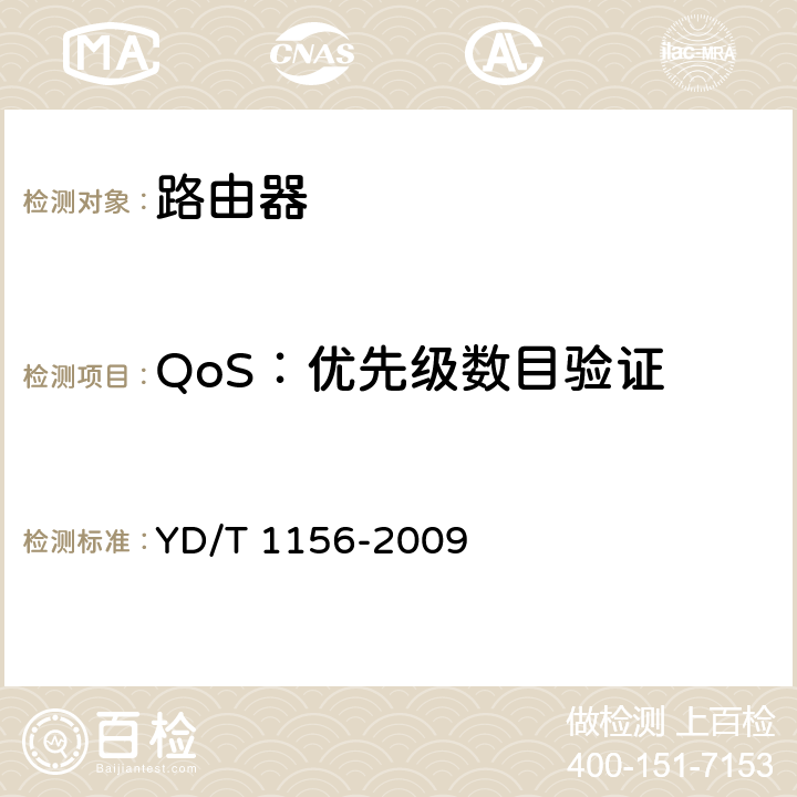 QoS：优先级数目验证 路由器设备测试方法 核心路由器 YD/T 1156-2009 14.2.2