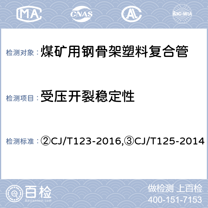 受压开裂稳定性 ②给水用钢骨架聚乙烯塑料复合管,③燃气用钢骨架聚乙烯塑料复合管及管件 ②CJ/T123-2016,③CJ/T125-2014 ②6.5/7.6.1，③6.5/7.7.1