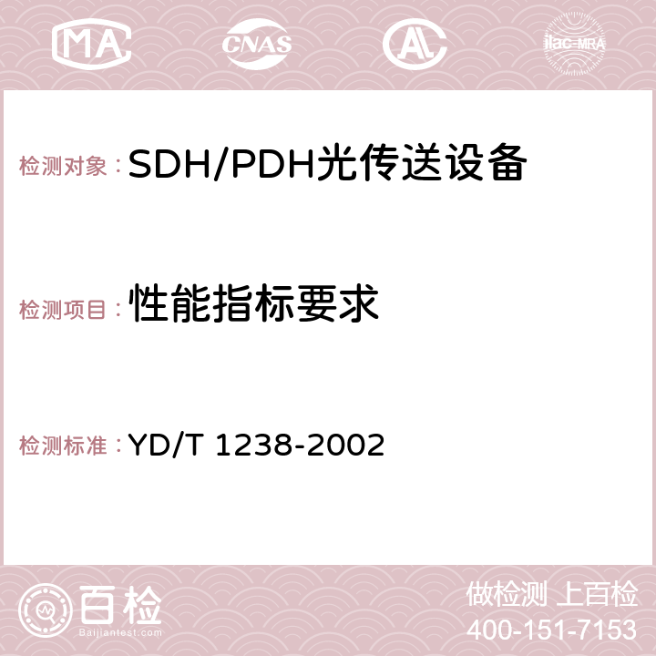 性能指标要求 YD/T 1238-2002 基于SDH的多业务传送节点技术要求