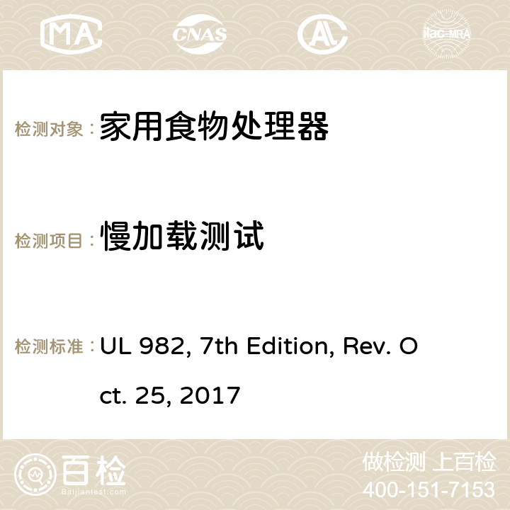 慢加载测试 家用食物处理器 UL 982, 7th Edition, Rev. Oct. 25, 2017 63.4