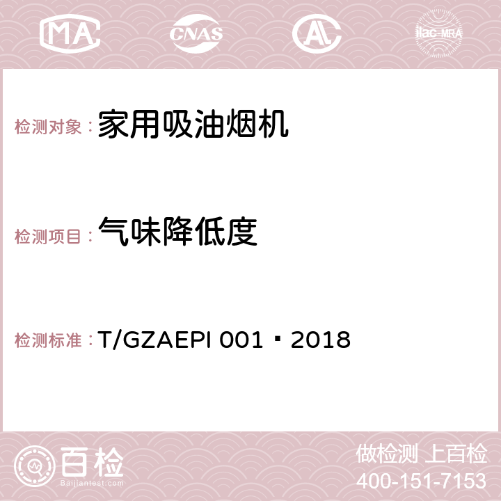 气味降低度 环保型家用吸油烟机 T/GZAEPI 001—2018 Cl.5.10,Cl.6.10