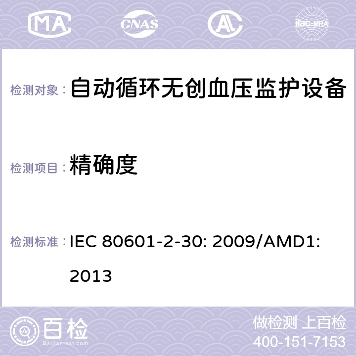 精确度 医用电气设备 第2-30部分：自动循环无创血压监护设备的安全和基本性能专用要求 IEC 80601-2-30: 2009/AMD1: 2013 201.12.1