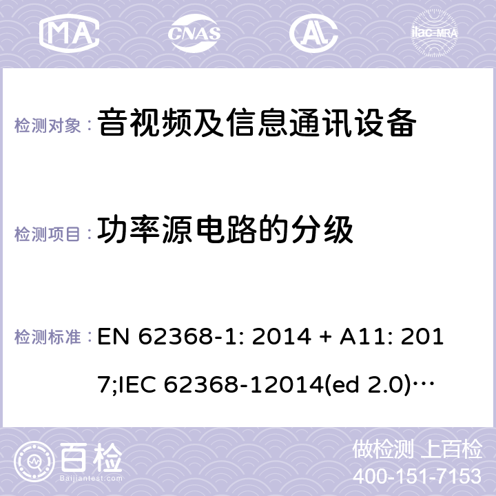 功率源电路的分级 影音/视频、信息技术和通信技术设备第1部分.安全要求 EN 62368-1: 2014 + A11: 2017;
IEC 62368-12014(ed 2.0);
UL 62368-1 ed2 2014-12-1; 6.2.2