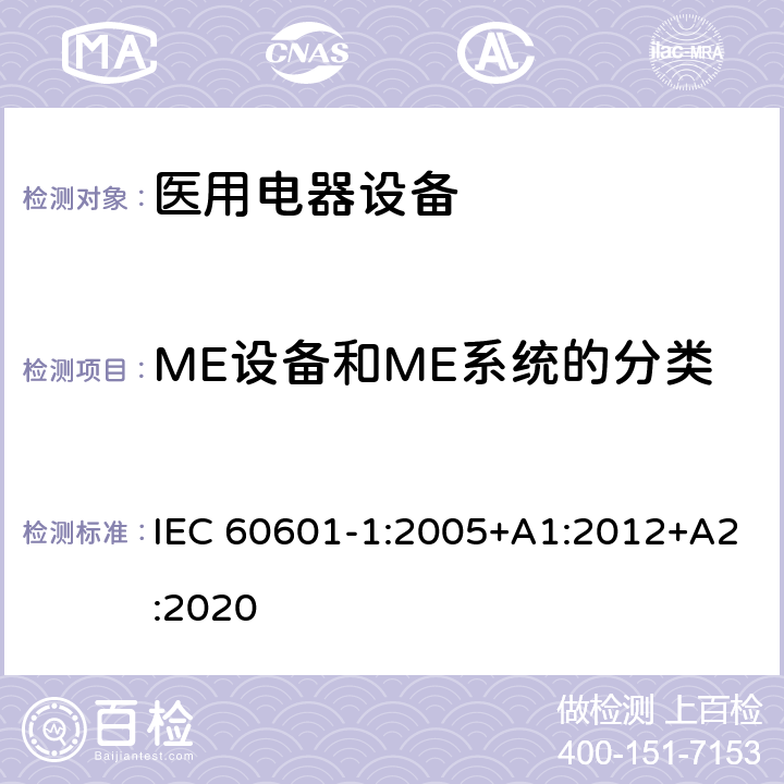 ME设备和ME系统的分类 医用电气设备 第1部分：基本安全和基本性能的通用要求 IEC 60601-1:2005+A1:2012+A2:2020 Cl.6