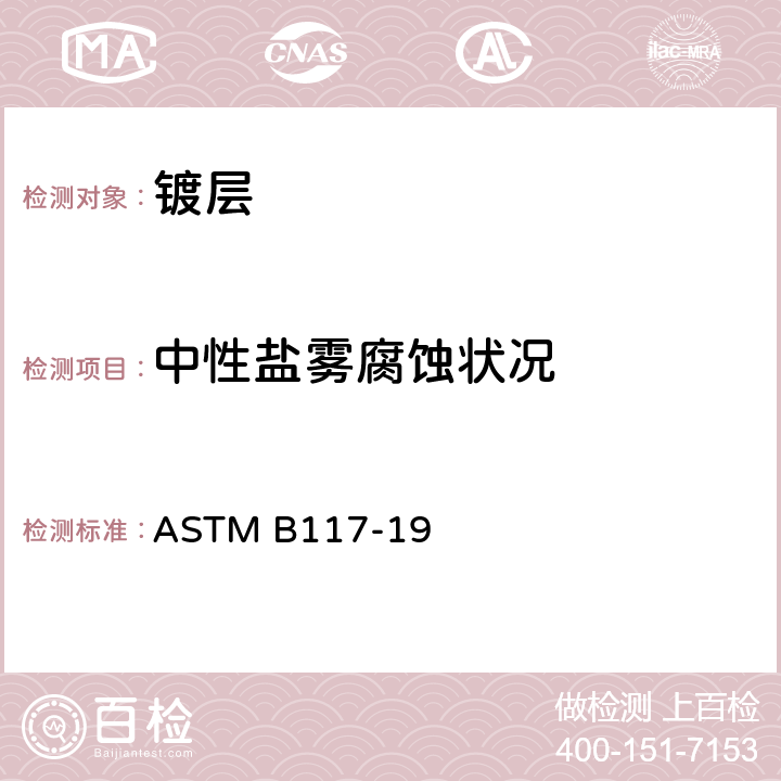 中性盐雾腐蚀状况 ASTM B117-19 盐雾测试标准规范 
