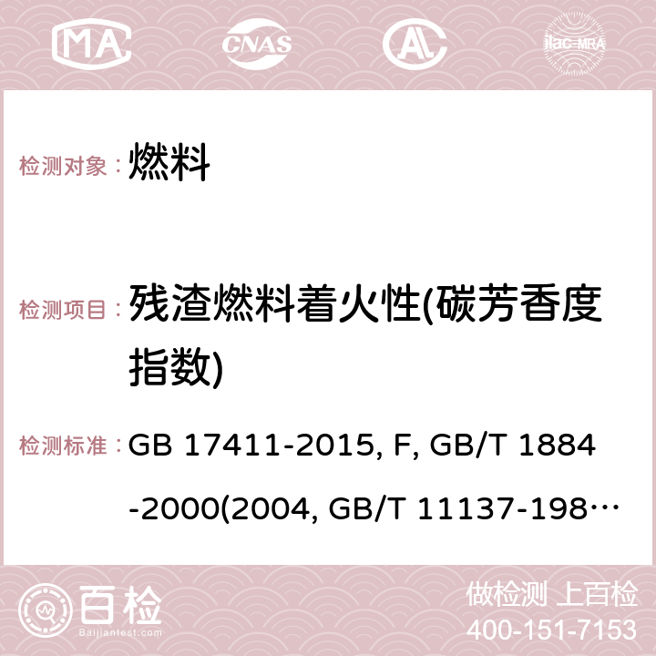 残渣燃料着火性(碳芳香度指数) 船用燃料油-附录F 残渣船舶燃料的着火性 GB 17411-2015 附录F 原油和液体石油产品密度实验室测定法(密度计法) GB/T 1884-2000(2004) 深色石油产品运动粘度测定法（逆流法）和动力粘度计算法 GB/T 11137-1989(2004)